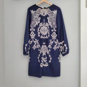 Blue Long Sleeve Shift Dress with Embroidery